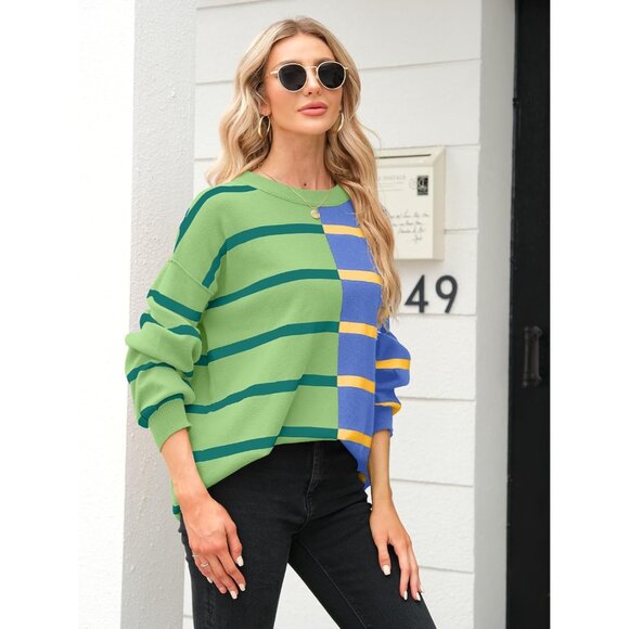Womens Knitted Crew Neck Sweater Color Block Long Sleeve Lightweight Casual - Picture 3 of 5